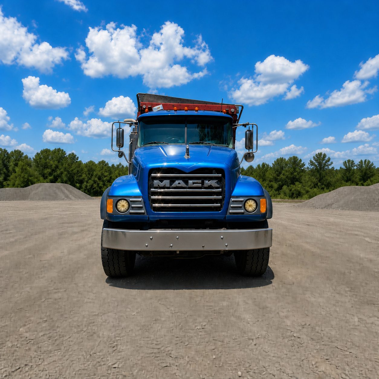 Blue and red Mack dump truck viewed from the front, part of the Craghold Hauling fleet