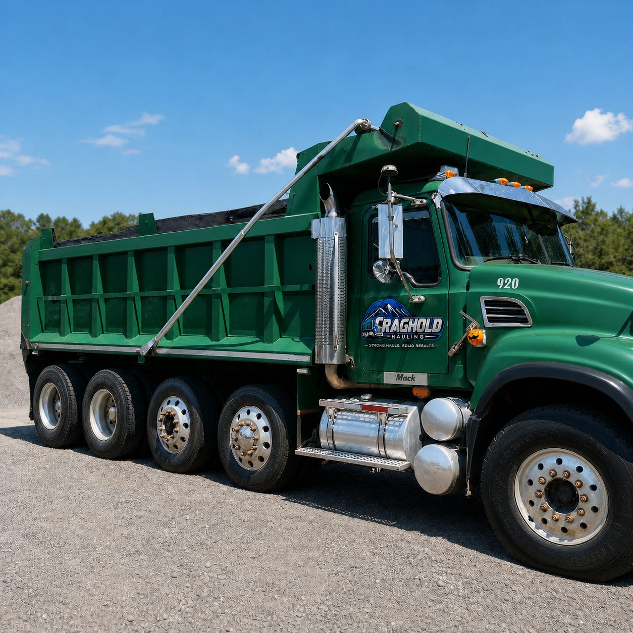 Green Mack dump truck viewed from the side, part of the Craghold Hauling fleet